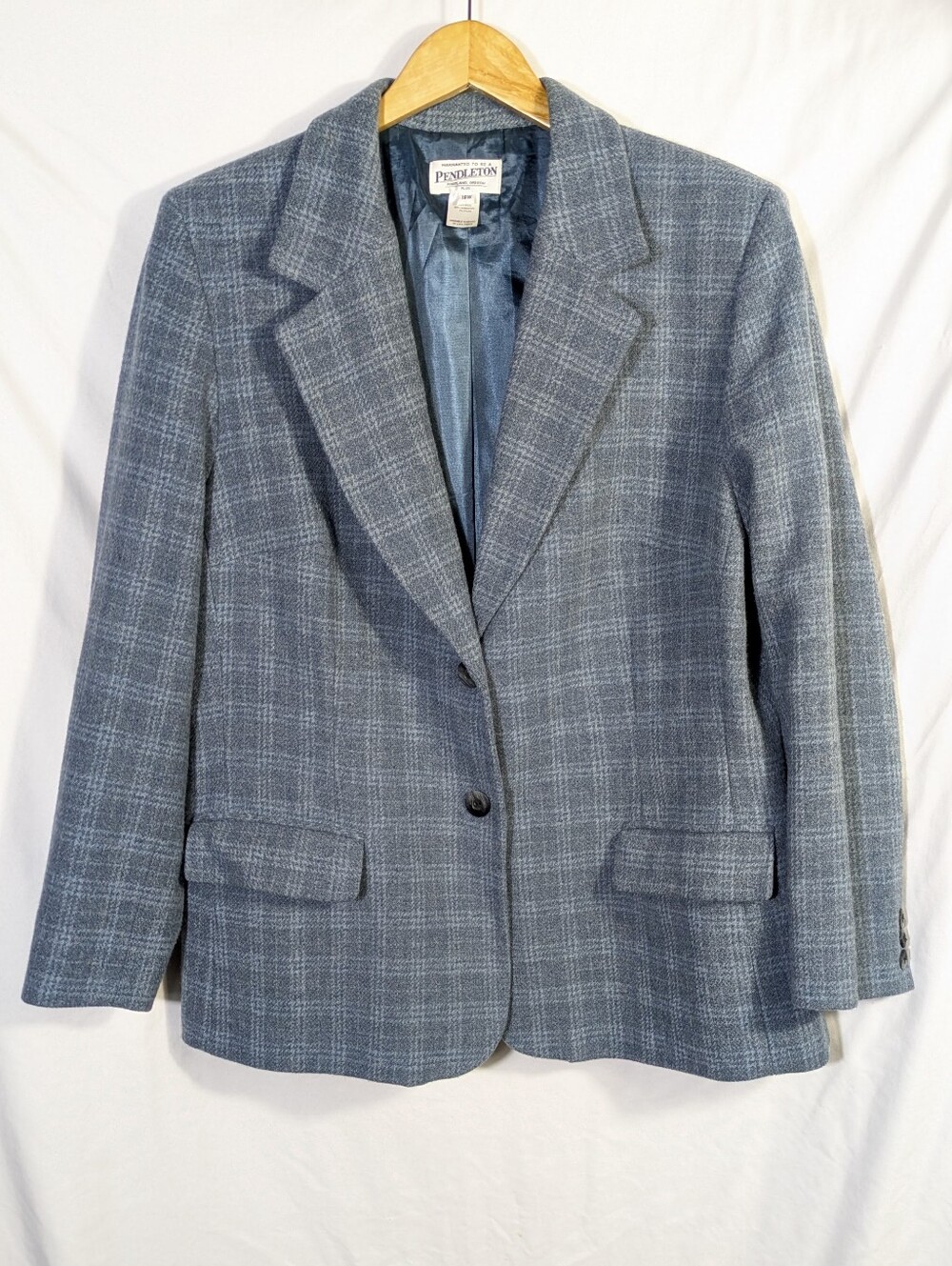 Vntg Pendleton Women's Plaid Wool Blend Blazer Jacket Lt Blue Office Casual 18W